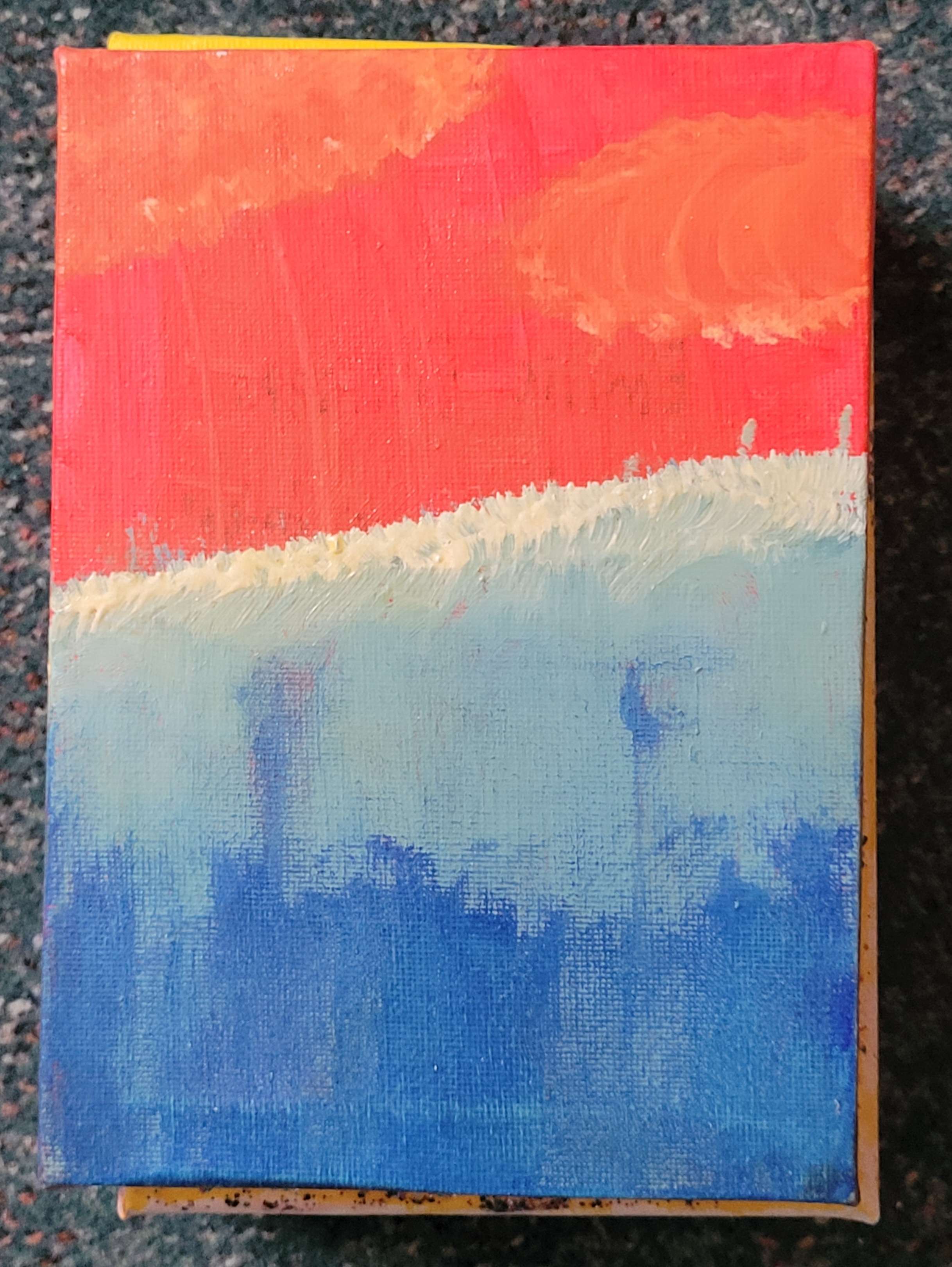 Acrylic painting of a red and blue beach