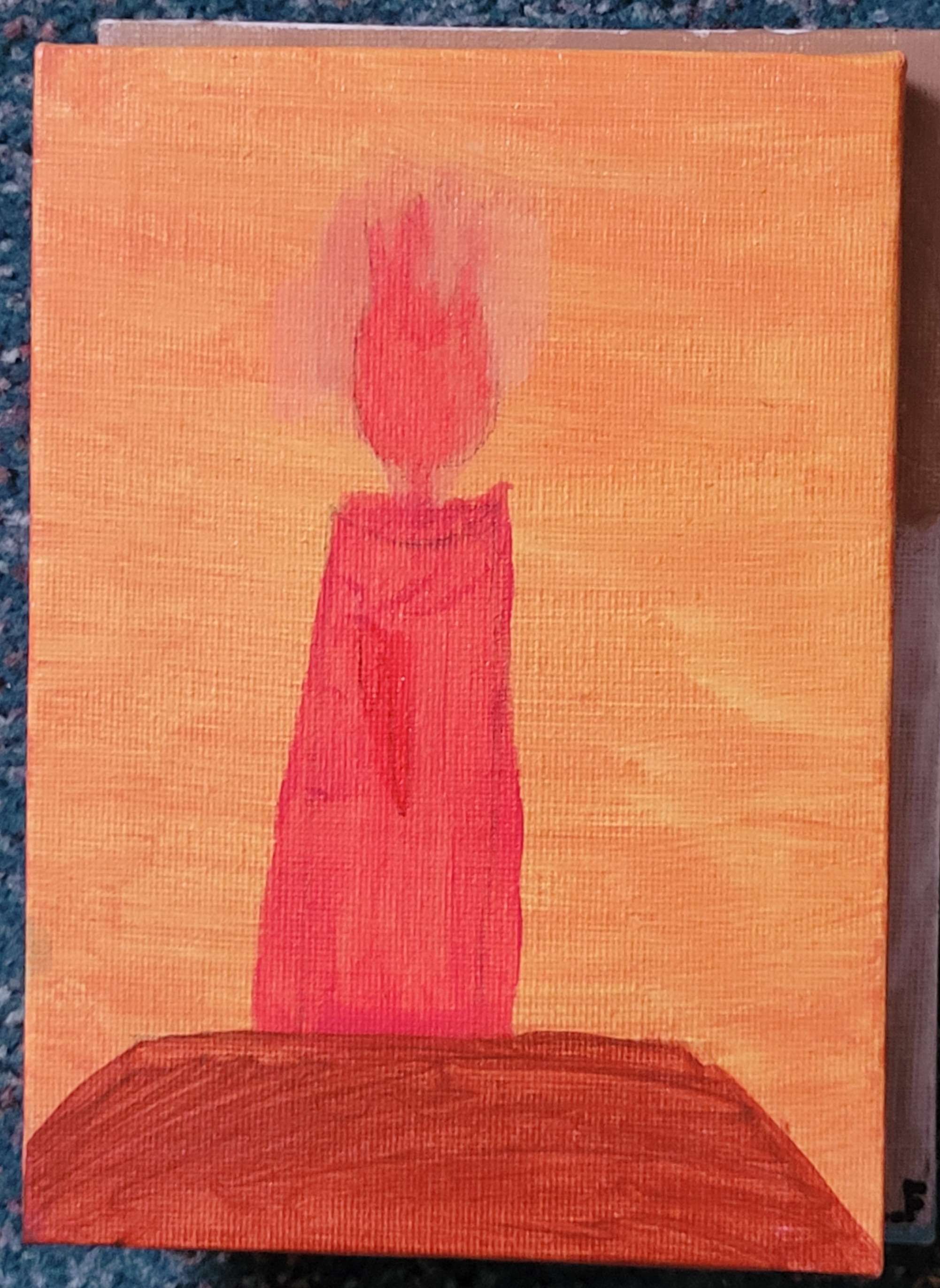 Acrylic painting of a lit orange candle