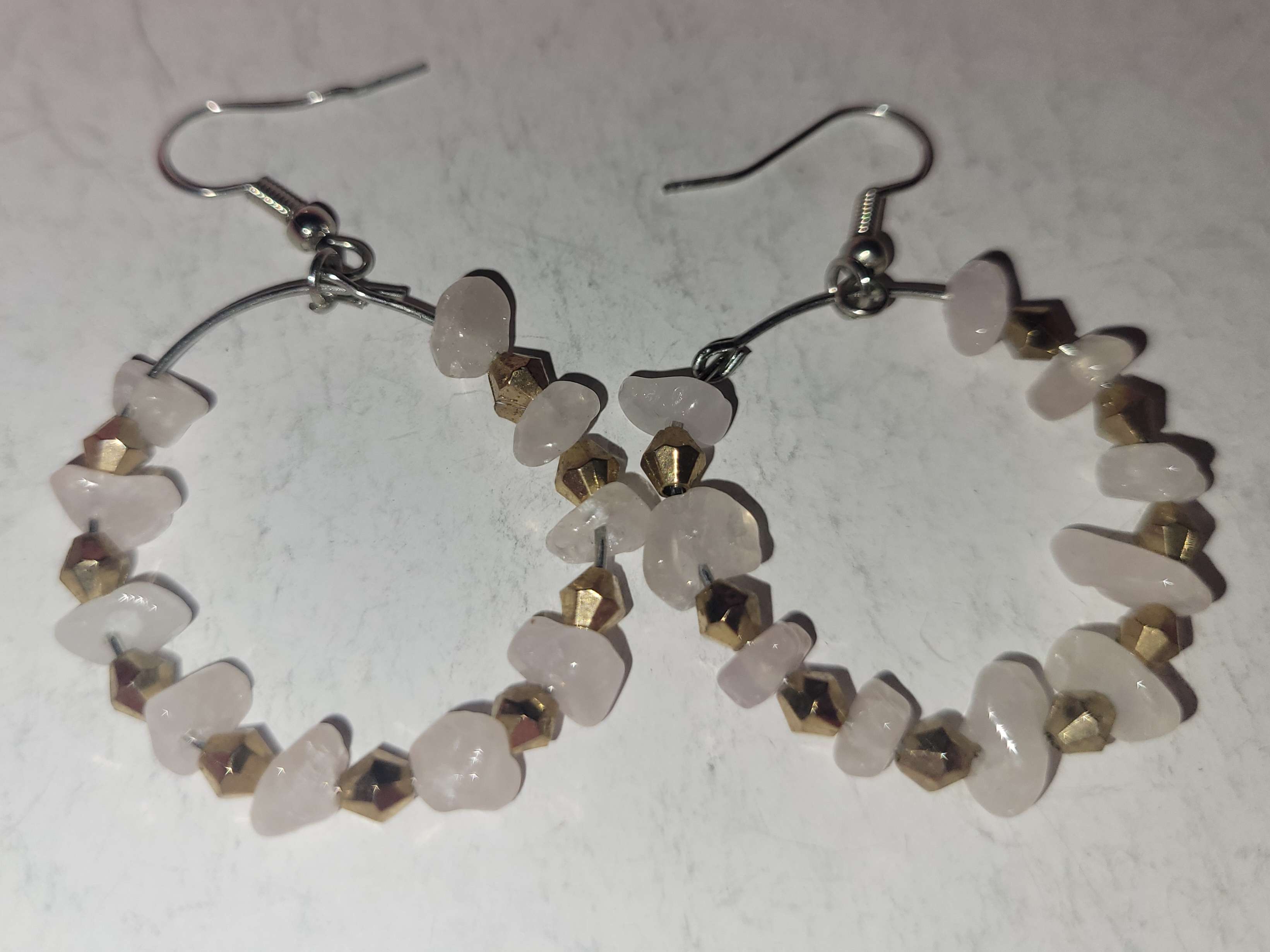 Earrings, made with quartz and faux gold beads