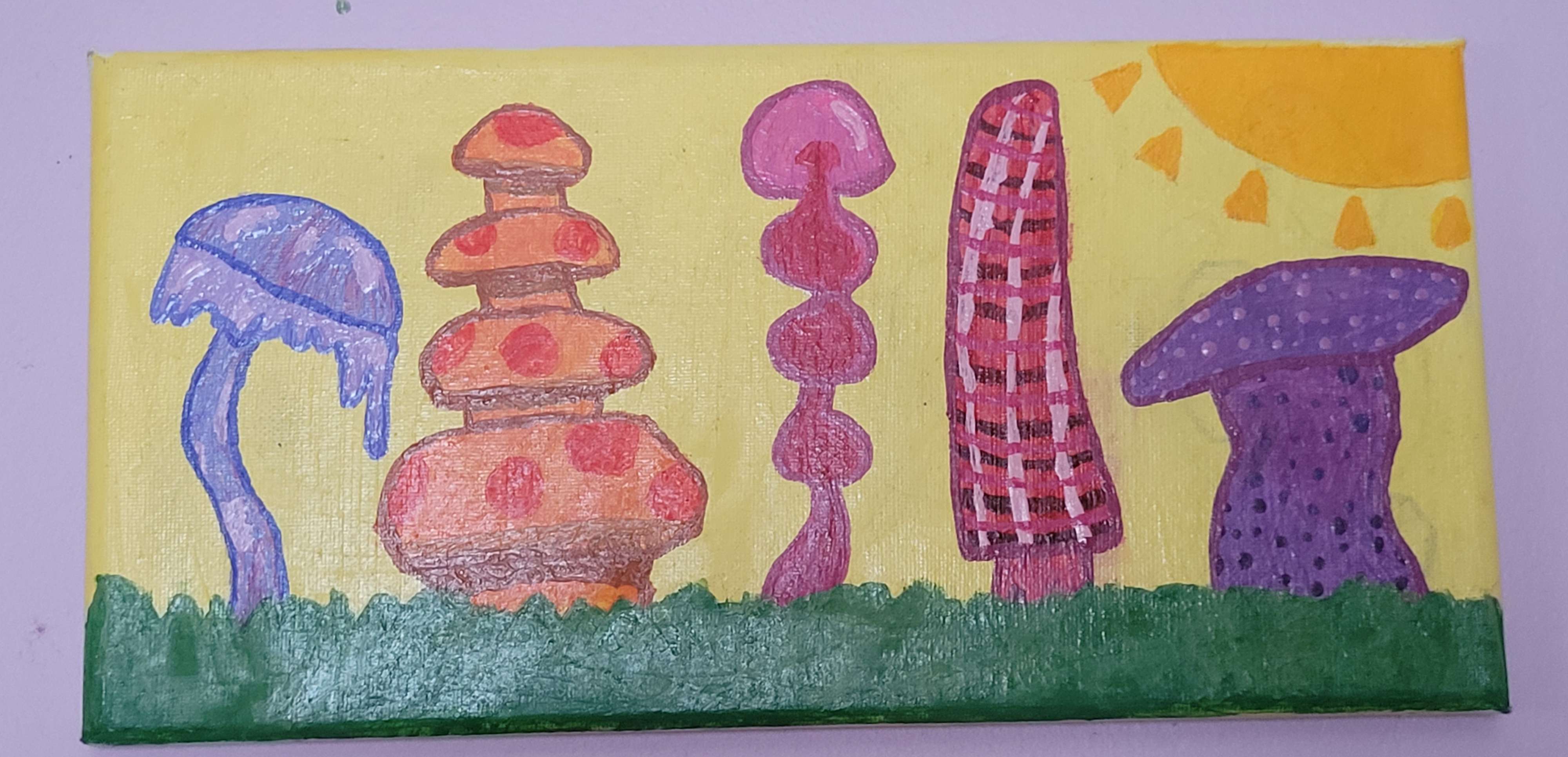 Acrylic painting of four mushrooms, each with a unique shape and pattern.