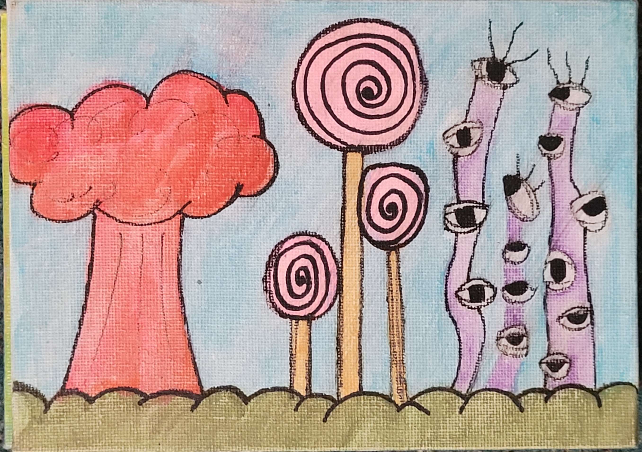 Watercolor painting of a strange scene of various odd plants, one of which is sprouting eyes.